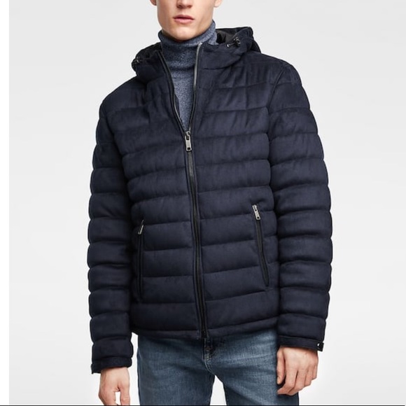 Zara Man Puffer Coat Jacket Faux Suede Hood - Picture 5 of 6